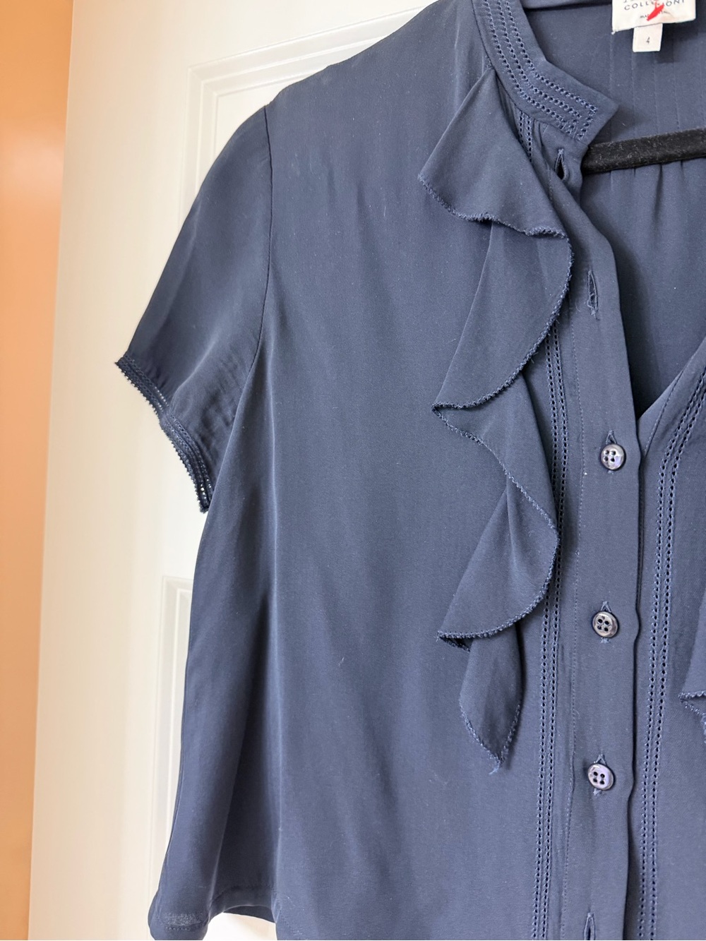 Armani Collezioni Navy Short Sleeve Ruffle Front Blouse